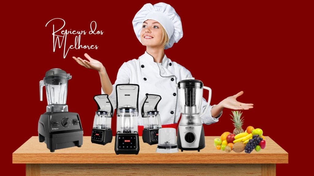 Mulher apresentando diferentes modelos de liquidificadores sobre uma mesa com frutas, representando variedade de liquidificadores.